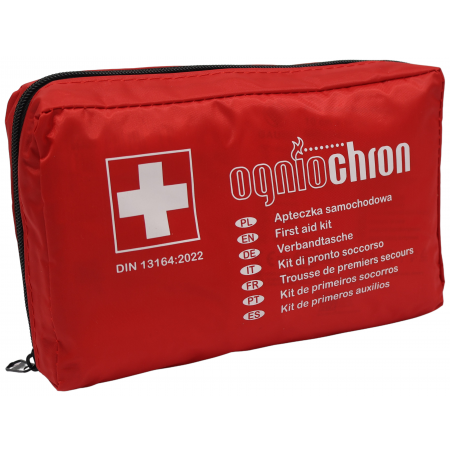 ZESTAW AKCESORIÓW SAMOCHODOWYCH OGNIOCHRON APTECZKA + GAŚNICA 1KG PROSZKOWA